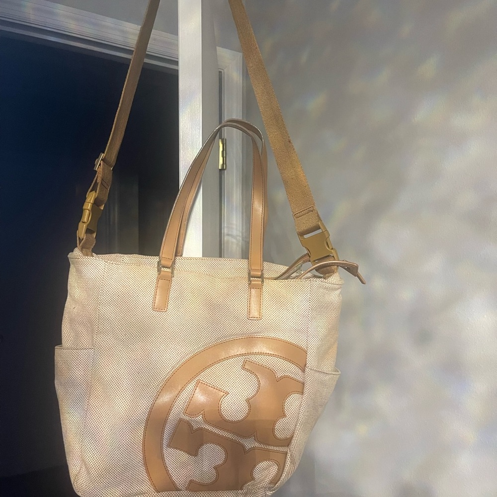 Tan/Beige canvas and leather AUTHENTIC Tory Burch Tote with handles/long strap